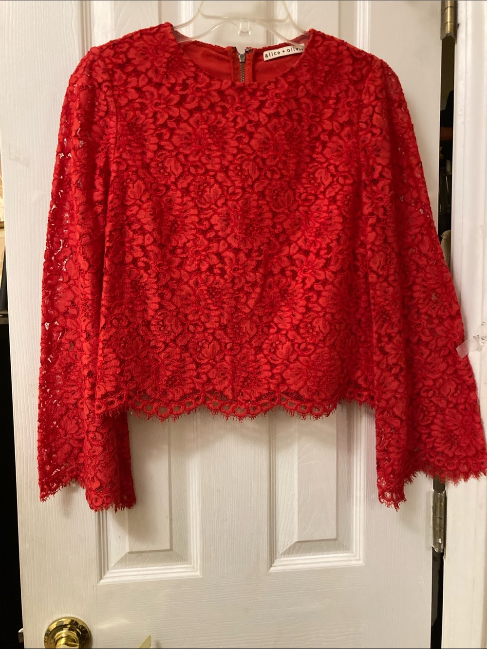 Alice + Olivia Vibrant Red Floral Lace Long-bell Sleeve Blouse
Size Small